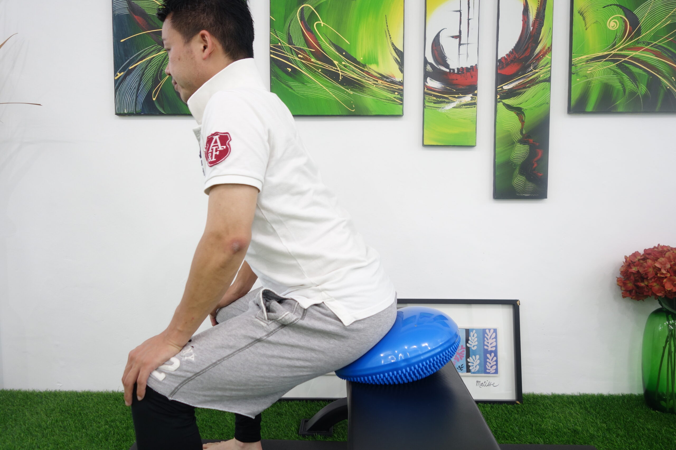 バランスディスクの前側半分にお尻を乗せる