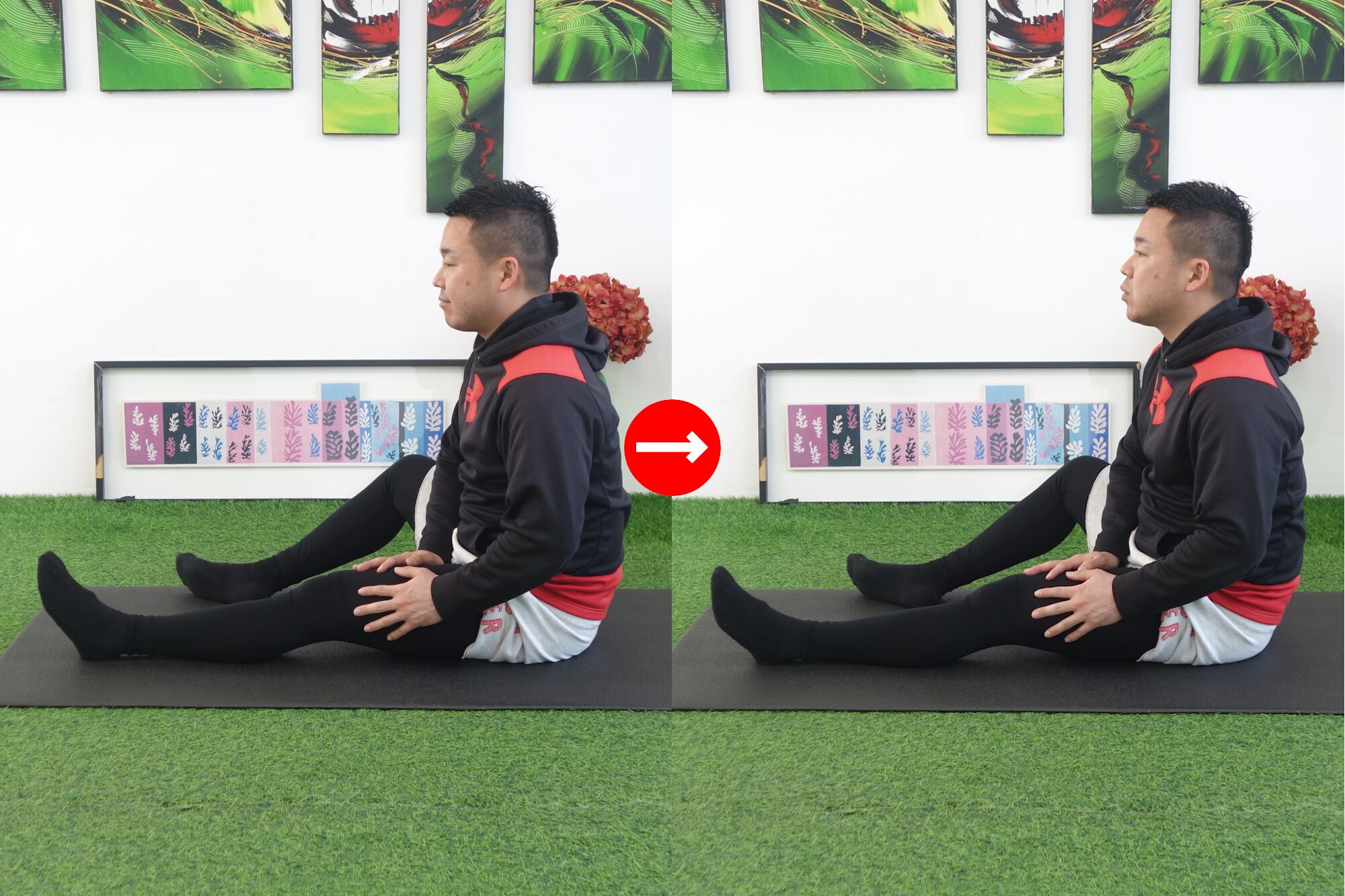 前ももに触れて呼吸をする