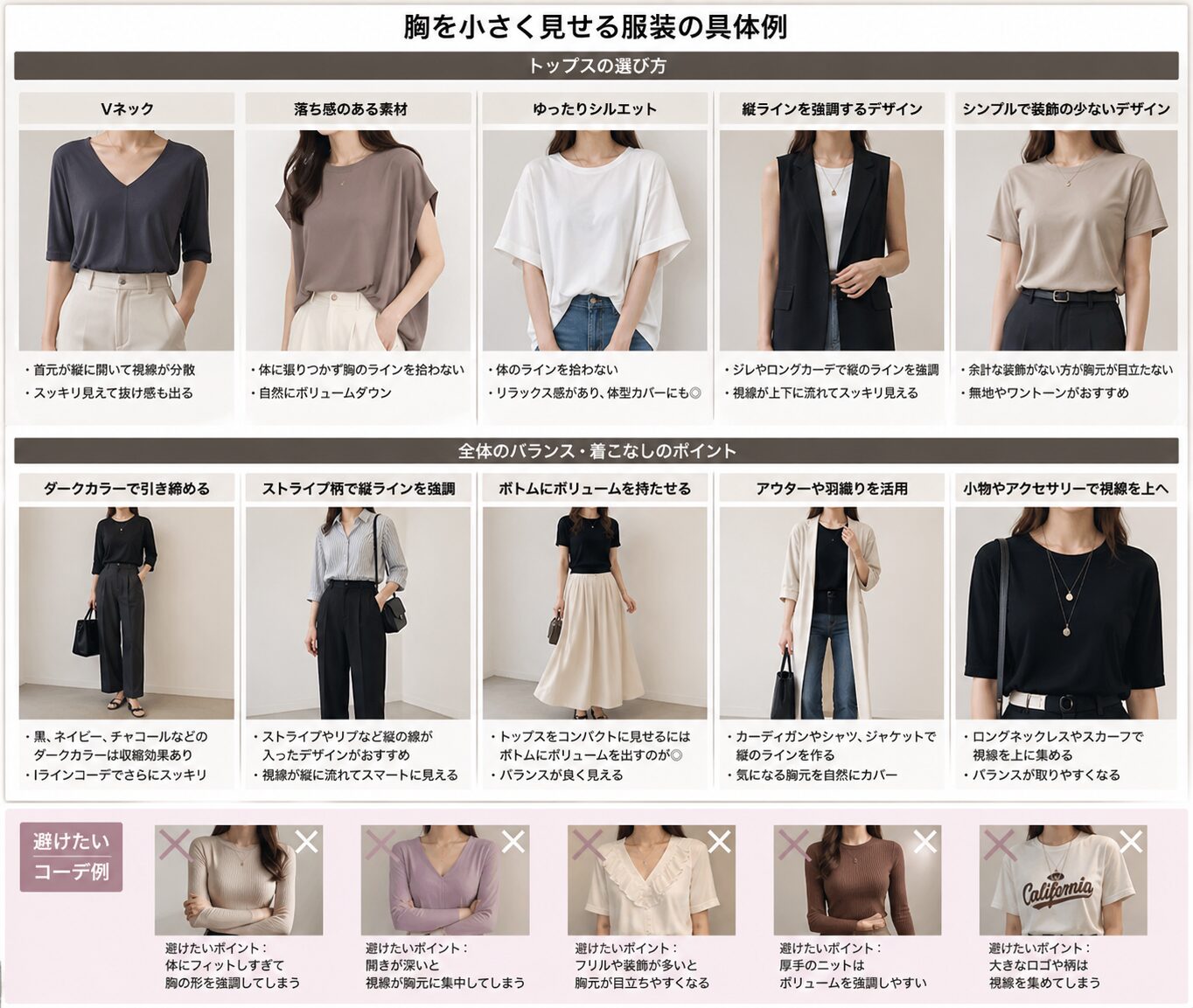 バストを小さく見せる服装の例