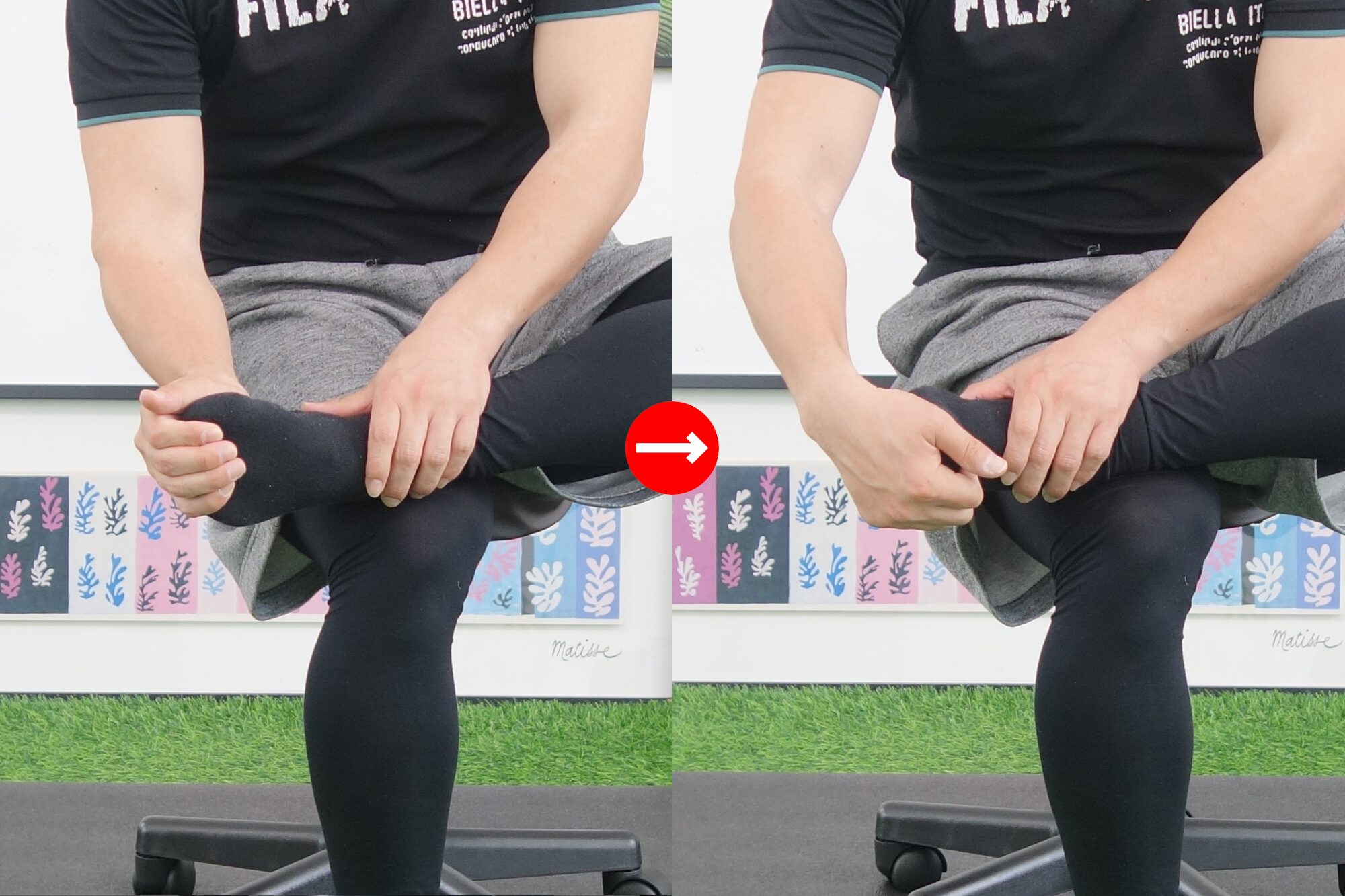 椅子に座って足の指を曲げ伸ばし