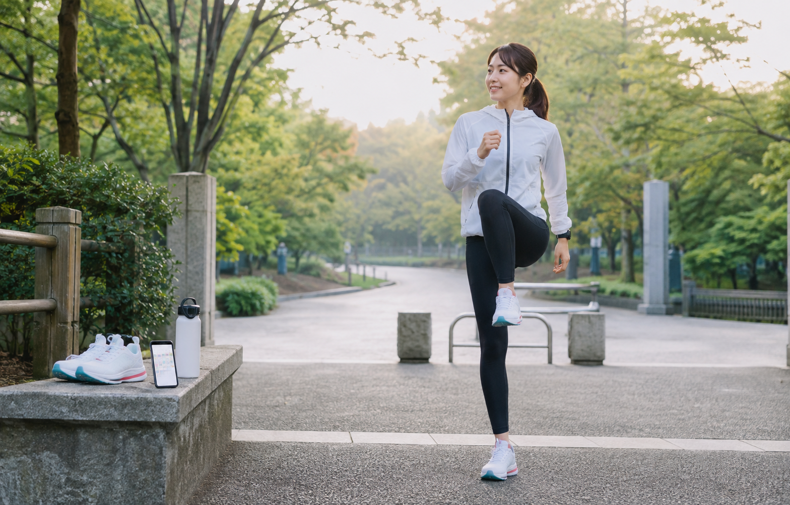 ランニング前に動的ウォームアップを行う女性