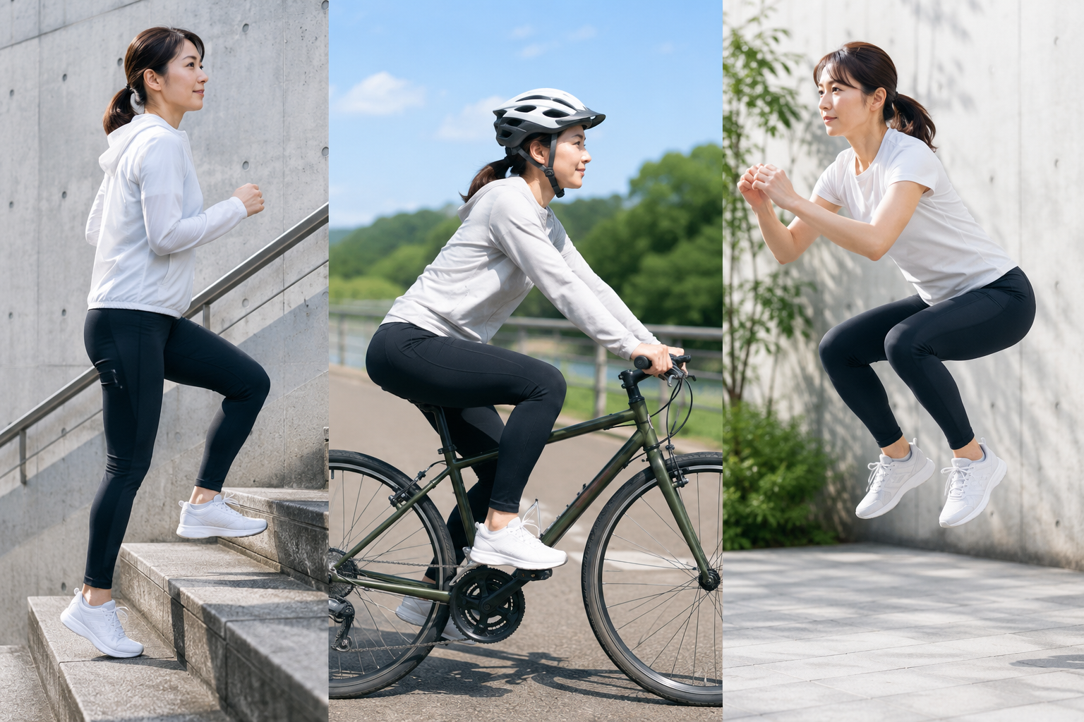階段・自転車・ジャンプで前ももに負荷がかかる様子