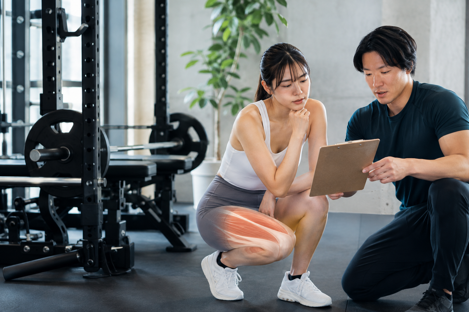 前ももの筋肉を落とすためにトレーニング内容を見直す様子