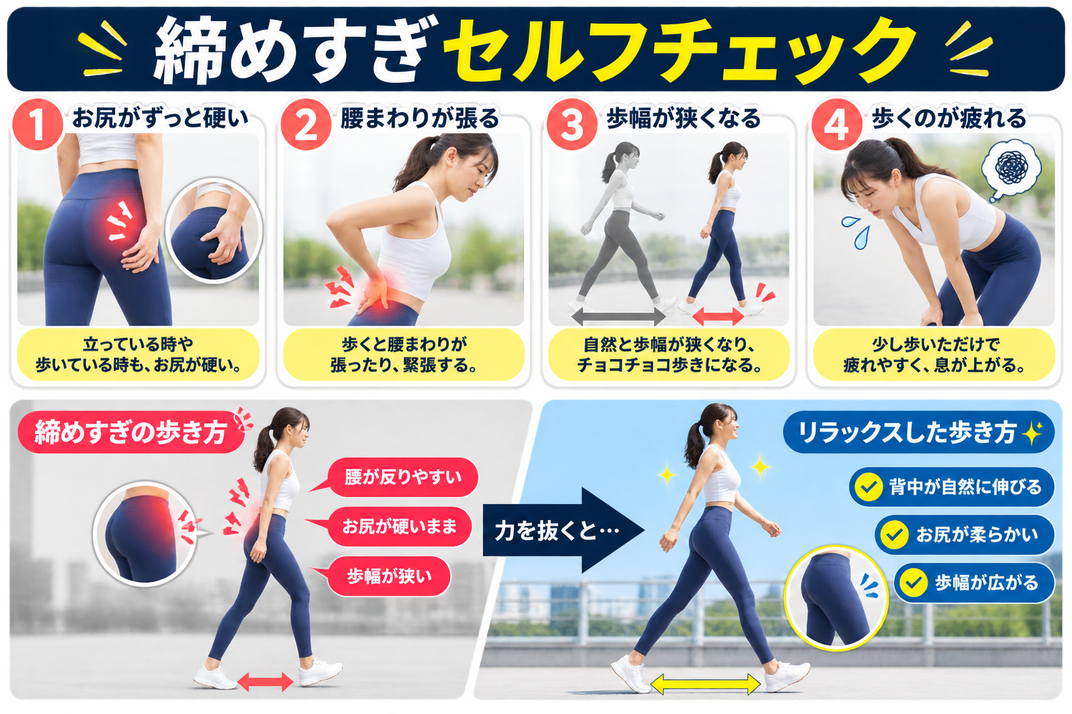 お尻を締めすぎて歩いていないか確認するセルフチェック