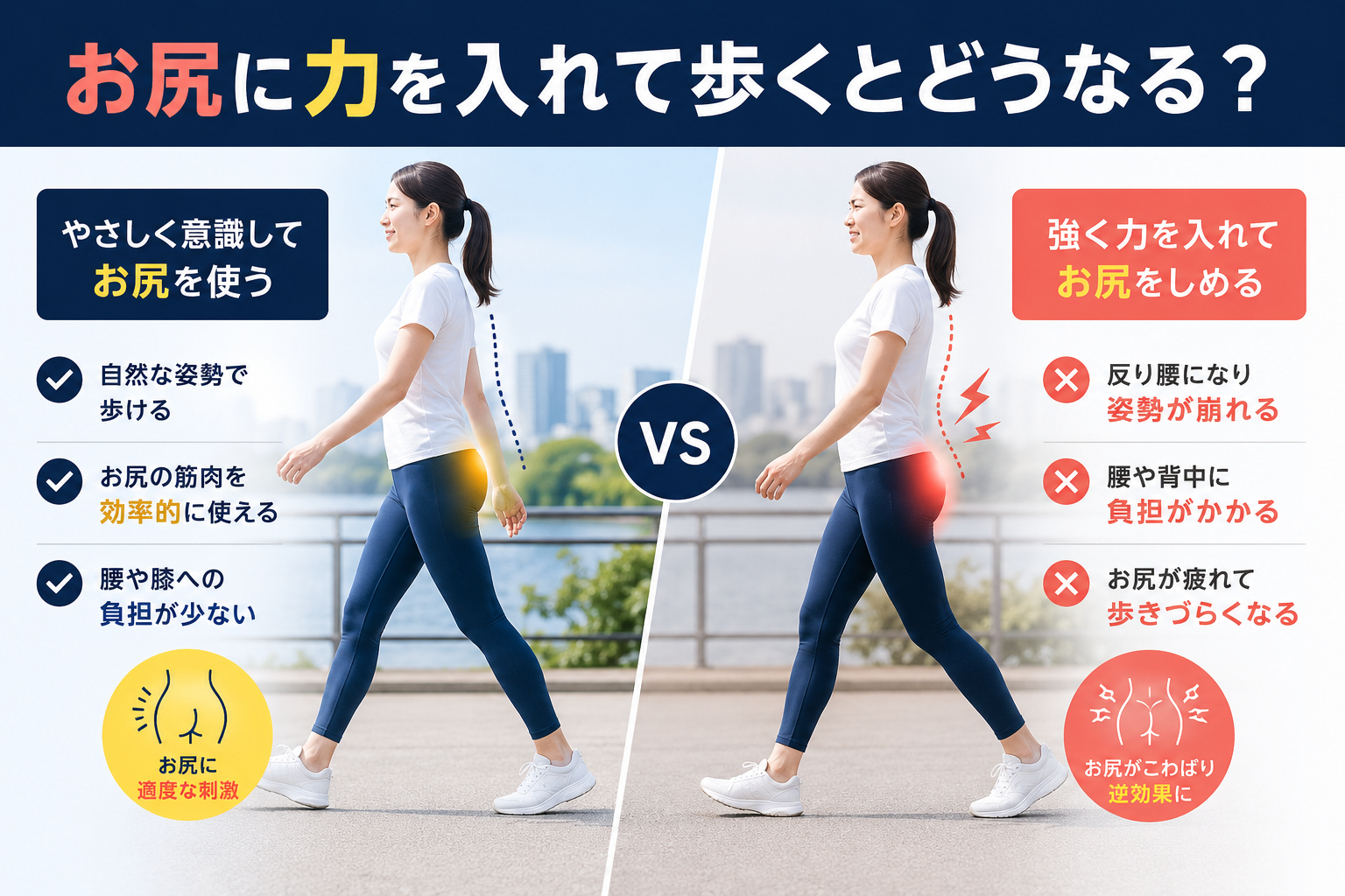 お尻を自然に使う歩き方と強く締める歩き方の比較