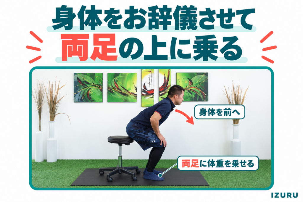 身体をお辞儀させて両足の上に乗る